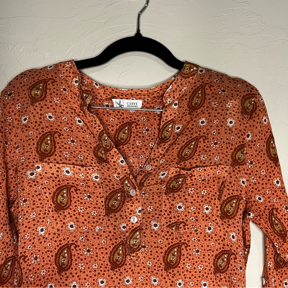 Carve‎ Designs Dylan Gauze Paisley Orange Long Sleeve Boho Top - Picture 3 of 9
